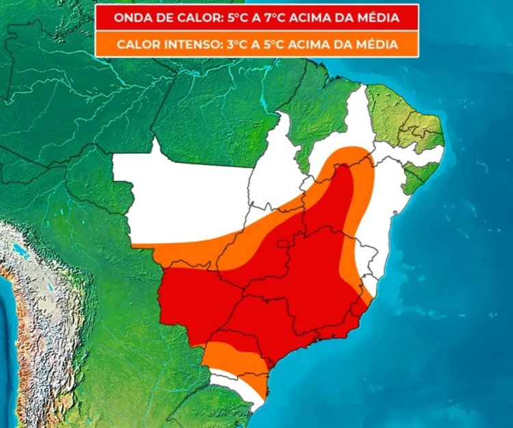 Mapa mostra que onda de calor vai atingir Passos e maior parte de Minas Gerais e São Paulo